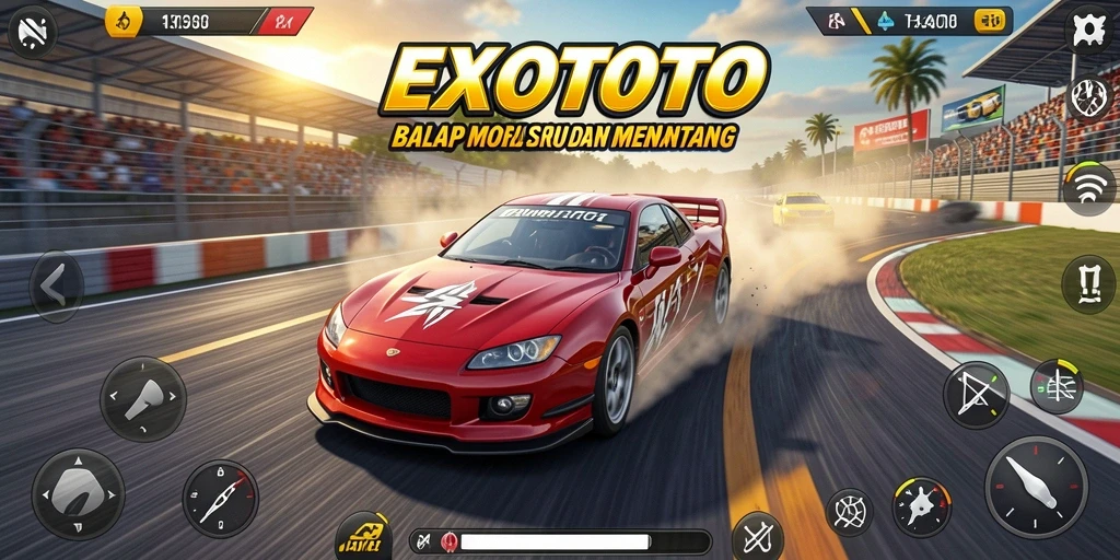Gameplay EXOTOTO dengan mobil balap yang mengesankan di trek yang ramai.