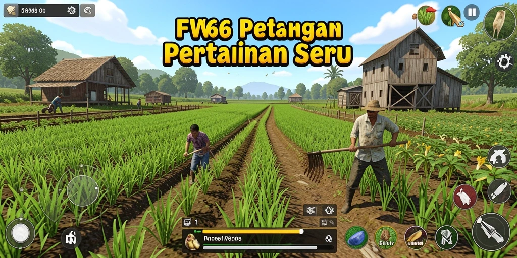 Screenshot gameplay menunjukkan lahan pertanian yang subur dan aktivitas bertani.