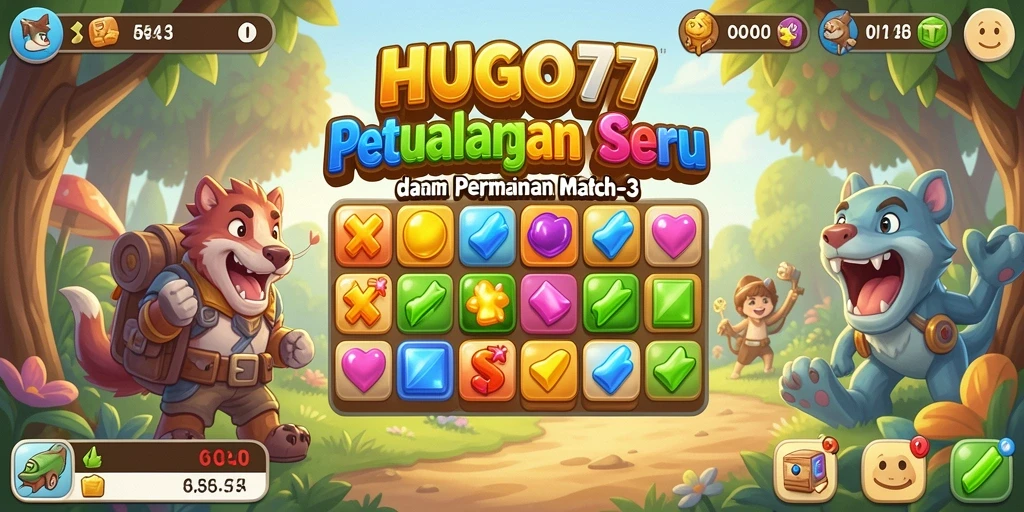 Screenshot utama HUGO77 menampilkan gameplay Match-3 yang seru.
